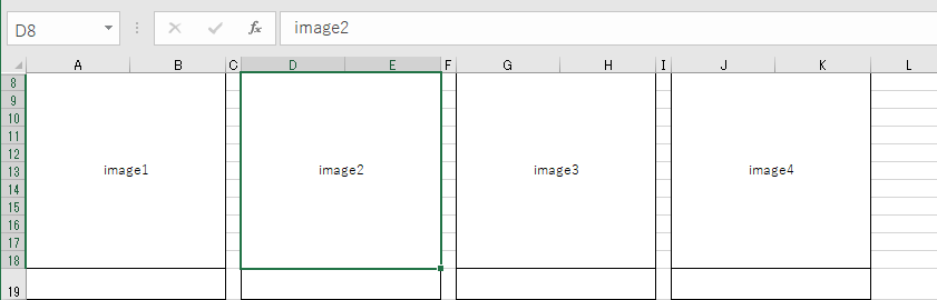 Excelマクロについて質問です。 画像のようにセル内に入力されたファイル名（セル結合済み）と フォルダ内の同じ名前の写真データを セルに合わせて自動で挿入されるようなマクロを探しています。 写...