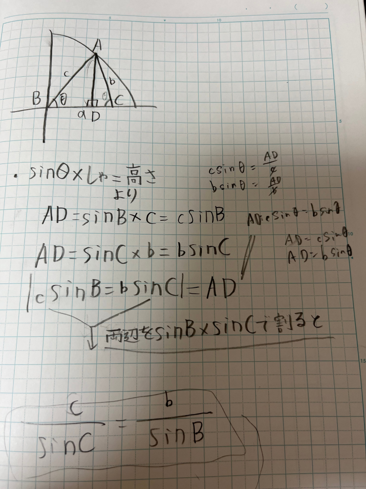 数I、正弦定理についての質問です。 画像で、なぜ"両辺をsinBsinCで割る"のかが分かりません。 ご教授願いたいです。よろしくお願い致します。
