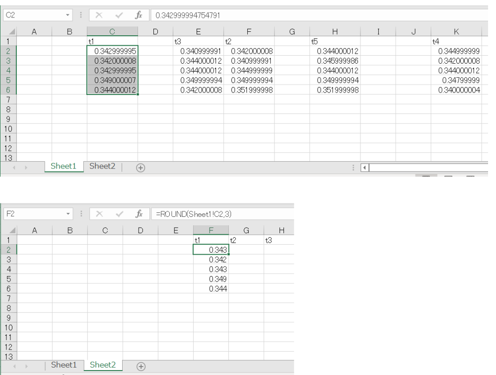 Excel VBAで、あるセル範囲に一気に数式を入れる方法がわかりません。 詳しい方、どうぞ教えてください。 やりたいことは↓です。 Sheet1のRange(Cells(2 , Ca) , Cells(2 + N , Ca))に入力されている値を 小数点以下3桁に丸めて Sheet2のRange(Cells(2 , Cb) , Cells(2 + N , Cb))に表示させたいです。 Ca、Cb、Nは変数です。 X = Sheets("Sheet1").Cells(2 + N - 1, Ca).Value Sheets("Sheet2").Cells(2 , Cb).Value = WorksheetFunction.Round(X, 3) として、For～Nextでセル1つずつ設定していたのですが、 Nが1から150、CaとCbが1から100まで変化するので、 処理に時間がかかって困っています。 VBAを使わずに関数で処理した場合のイメージは画像参照ください。 なお、Sheet1の数値は、行方向には連続しますが、 列方向は飛び飛びなので、一気に選択することができません。 よろしくお願いいたします。