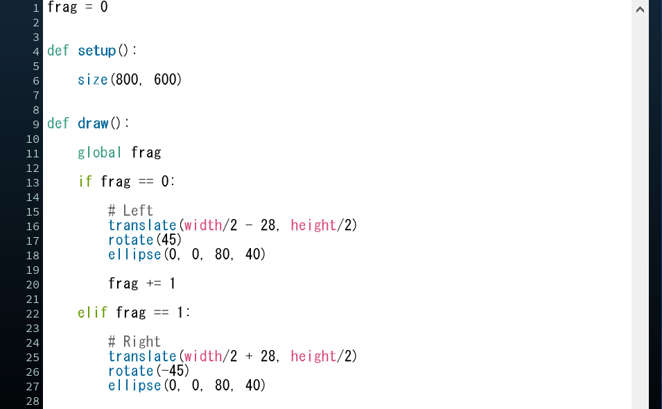 Processing Pythonで図形を任意の座標に移動したい ProcessingのPython版で、下のプログラムの2つの図形を任意の座標に移動するには、どうすれば良いのでしょうか？ 例えば (200, 100) を与えたら、初期位置 (width/2, height/2) から x軸右方向に 200、y軸下方向に +100 だけずらして図形を描画したい。 よろしくお願いします。 ───────────────── frag = 0 def setup(): size(800, 600) def draw(): global frag if frag == 0: # Left translate(width/2 - 28, height/2) rotate(45) ellipse(0, 0, 80, 40) frag += 1 elif frag == 1: # Right translate(width/2 + 28, height/2) rotate(-45) ellipse(0, 0, 80, 40)