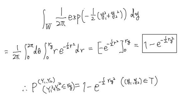確率統計に関する質問です。確率密度関数がexp(-(x_1^2+x_2^2)/2)/2Piとなったのですが、これの確率変数X_1、X_2に対する同時分布P ^(X_1、X_2)を求めたいのですが、変数変換してx_1^2+x_2^2=r_x上の確率を求めて以 下のようになったのですが、大丈夫でしょうか？画像ではxをyとしてます。