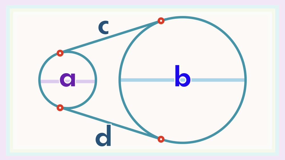 数学の質問です。 画像の図には 直径をa,bとする二つの円とそれらの接線が示されています。 このとき、 a×b＝c×d は常に言えることでしょうか？ またこれは有名な定理っぽいのですが ご存知の方がいらしたら情報をお寄せください。