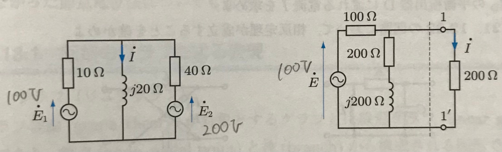 電磁気学です。 右の図:重ね合わせの理 左の図:テブナンの定理 で解いていただきたいです。何度解きなおしても解答にたどり着けませんでした。途中の過程を詳しく知りたいです。