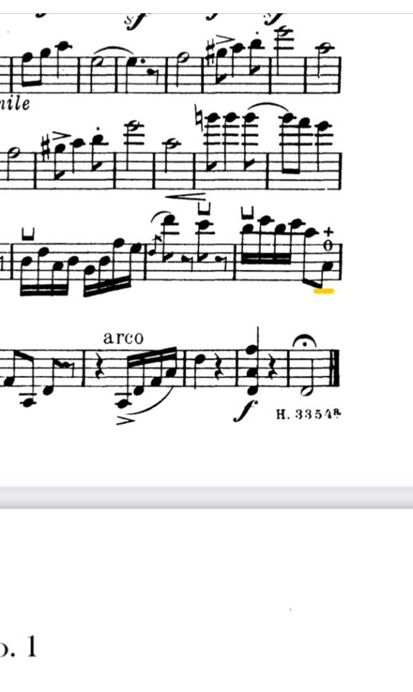 威風堂々、1stVnの楽譜です。 黄線で引いた所の弾き方を教えてください。