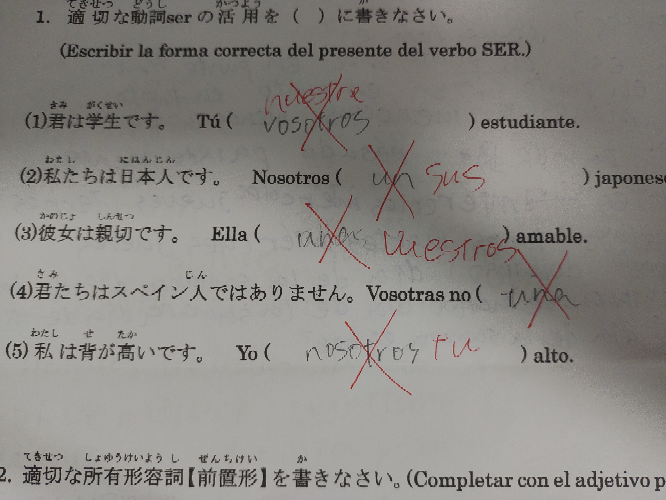 至急！！スペイン語です。色々間違えたため授業で回答を赤で書きましたが、絶対書き間違えてると思います。 実際の答えがこれであってるのか、ただ単に間違えてるのか見てほしいです！この訂正があっていたならば解説などほしいです！