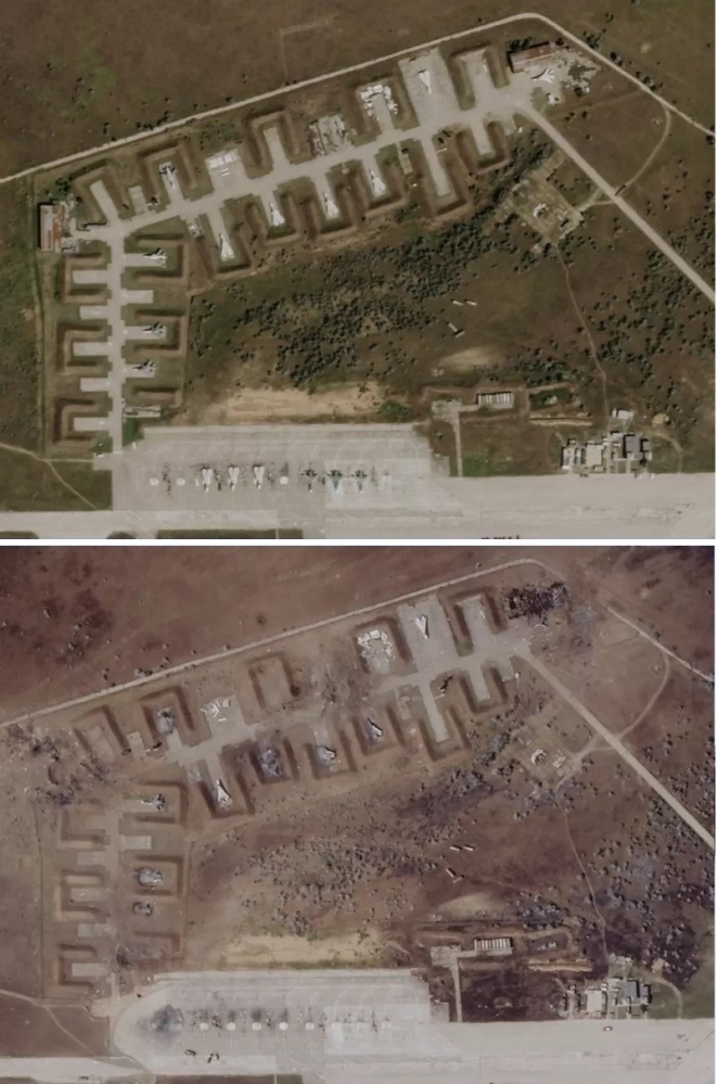 【クリミア半島のロシア軍基地に大きな被害、衛星写真で明らかに】8/11(木) https://news.yahoo.co.jp/articles/e08557e010d48138f5b4399122f1441c4e32a9b5 今回の衛星写真では、広範囲にわたって焦土と化した大地が見て取れる。 基地の主要滑走路は無事に見えるが、少なくとも８機の航空機が損壊したと思われる。 また、複数のクレーターも確認できる。ウクライナ空軍は、この爆発で複数のロシア戦闘機が破壊されたと述べたが、ロシアはこれを否定していた。 しかし人工衛星写真によって、ロシアの主張が間違っている事が確認された。 また嘘がバレたのか ? 上が爆発前、下が大爆発の後。