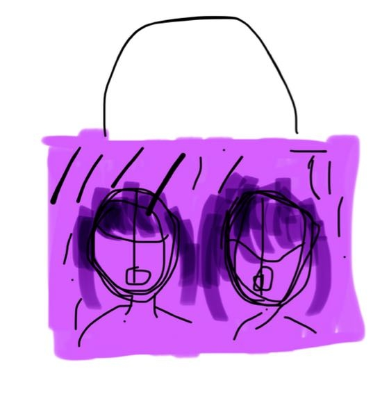 至急 コミケ100の袋で 全体的に紫のイメージで、女の子（幼い）2人がこっちを向いて口を開けているというものがどこのサークルのものが教えていただきたいです。よろしくお願いします。 ↓顔の配置はこんな感じです。図が下手で気分を悪くしてしまったらすみません。実際の紙袋の絵はあり得ないくらい素敵なものです！！