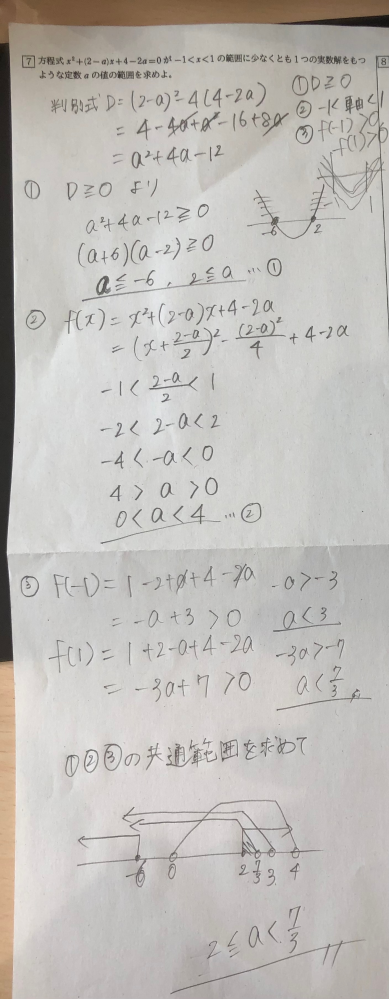 少なくとも一つの実数解を持つと書いてあったので、D大なりイコール0を条件の中に入れたのですが、 解答には2つの解をもつときと、 1つの解を持つときに分けると書いてありました。 なぜこのようにしなくてはいけないのですか？