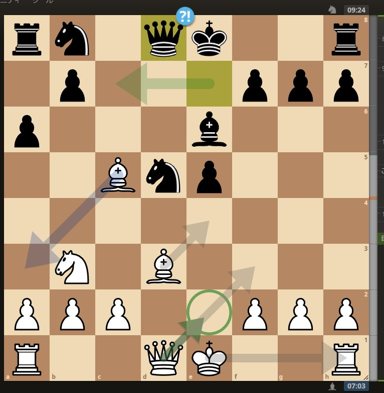 ここで白Qe2と指して、e5の黒ポーンと後のルーク連結を狙った手ですが疑問手でした。 何故でしょうか？ また、代わりにどの手がのちの進行が分かり易くお勧めでしょうか？ よろしくご教示ください。 ...