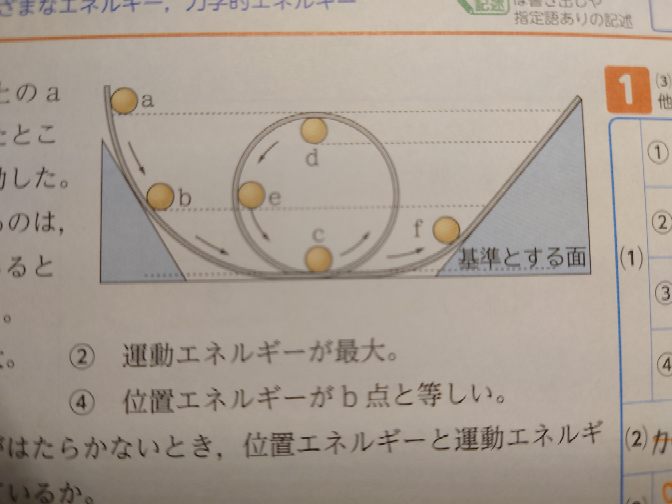 中学校の理科についての質問です。写真の図で最終的に球はaと同じ高さまで上がるらしいのですが、私はdまでなんじゃないかと考えました。dの地点でも運動エネルギーを持っているのですか？ dで力が弱まったりしないのでしょうか。