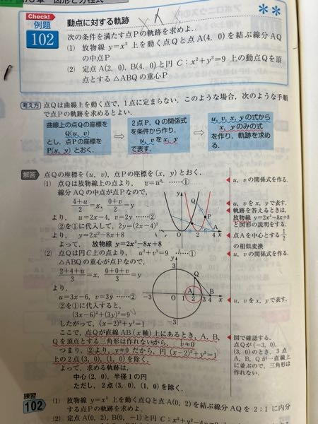 (２)について質問です。 点Qが直線x軸上にあるとき三角形が作れないのは分かったのですが、(x-2)²+y²=1上の2点(3、0)(1、0)を除くというのが分かりません。 どういうことでしょうか？解説お願いします。