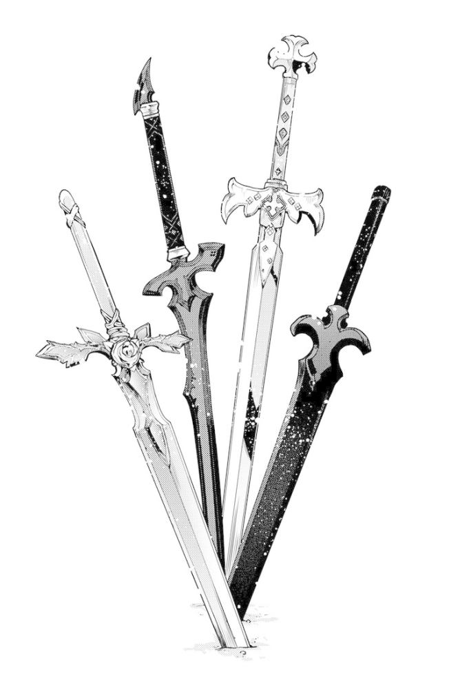 このイラストで、キリトの「夜空の剣」ユージオの「青薔薇の剣」アリス 