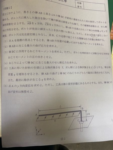 建築、材料力学、構造力学の問題で質問です。この問題の(5)がわかりません、求め方や方針などを教えていただきたいです。