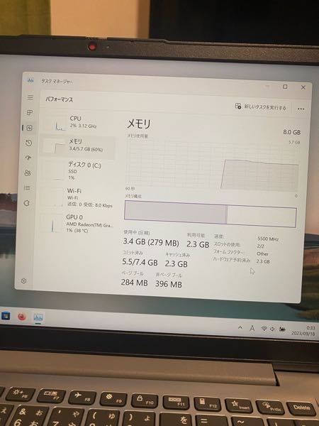 今回メモリ8Gのパソコンを購入したのですが、タスクマネージャ