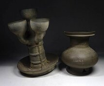 須恵器　新羅土器　韓国　朝鮮　骨董　古代　古美術　壺 古美骨董）2つの新羅・須恵器土器壺の真贋を教えてください。古美術