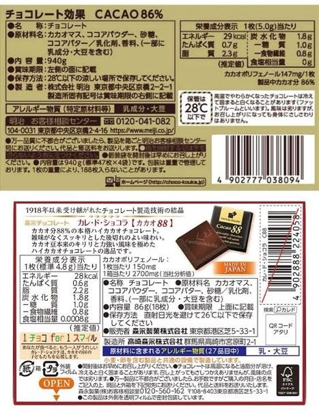 高カカオチョコレートの甘さについて。 体に良いと聞き、最近よく食べてます。 質問は、食べた事ある人なら分かると思うのですが、「明治 チョコレート効果 86%」と「森永 カレドショコラ 88%」では、後者の方が高いカカオ分にも関わらず、前者より圧倒的に甘く食べやすいです。 原材料も成分表示もほぼ一緒で、砂糖の差では無いと思うのですが、一体何が違うと考えられますか？