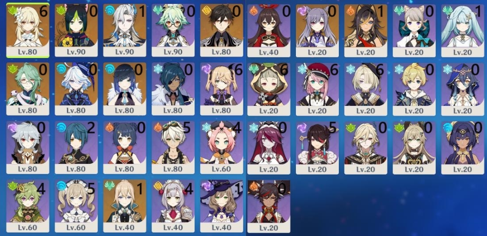 原神の螺旋用パーティと育成キャラについてです。 冒険者ランク56、紀行祝福のみの微課金で、キャラの育成状況が添付画像の通りです。(各キャラ右上の数字が凸数) 今期の螺旋は星30で断念しましたが、来期以降星36を目指したいと思っています。 今は主に下記のパーティを組み合わせて使っています。 ・ヌヴィフィッシュルスクロ鍾離 ・ヌヴィフリーナフィッシュル白朮 ・ティナリフィッシュル草主人公鍾離 ・夜蘭ナショナル ・ガイア鍾離+夜蘭行秋or香菱ベネット これを踏まえて2つ質問です。 ①、80レベル未満のキャラで育成推奨キャラがいたら教えてください。 ②、①のキャラを含めても含めなくてもいいので、所持キャラで組める螺旋運用出来そうなパーティ構成を上記以外にあれば教えて欲しいです。 まだ聖遺物のメインOPすら揃えられてないキャラがいたり、80突破を出来ていないキャラも多いので、既存の使用キャラのみの育成に絞り切っていいか悩んでいるので回答を参考に育成方針を決めたいです。 よろしくお願いします。