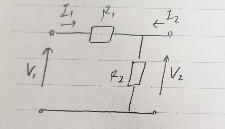 電気回路 この2端子対回路の出力端を開放(I2=0)した場合V1、V2はR1、R2、I1を使ってどのように表すのか教えて欲しいです。 V1=(R1+R2)I1 V2=((R1R2)/(R1+R2))I1 でしょうか？