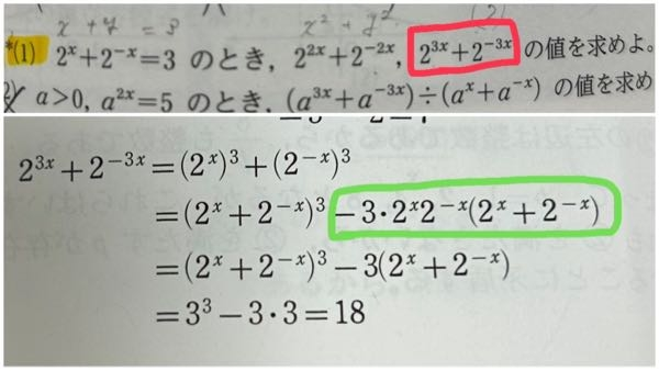 数学II 指数の範囲の質問です。 上の画像の問題（赤四角の方）の、解答が下の画像なのですが、緑四角の部分がどういう意味か分かりません。分かりやすく説明してくださる方お願いします。