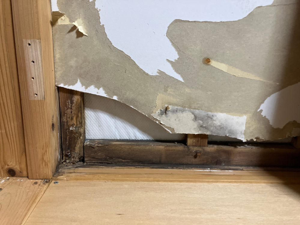 室内壁の修繕方法について ずっと物を立て掛けておいた壁部分にカビを発見。 拭こうと思って触ったところぐずぐずになっていることに気付きちょっと壁紙を剥がしてみたところ石膏ボードの下の木まで腐っていました。 簡単な修繕方法を知りたいのですが、石膏ボードをばりばり剥がして張り直すだけでよいのでしょうか(板かベニヤにしようと思ってます)。 それとも腐っている木の部分も切り離して新しい木片をそこへつっこんでおいた方がよいのでしょうか。 なお、画像のような状態にしてから数ヶ月、雨の日も濡れる様子はなく完全に乾いているため、外からの雨漏りなどではなく湿気によるものだったと推測しております。