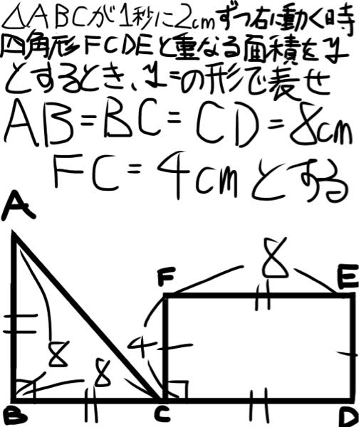 学校の数学の課題で出たものです。 yが三角形の面積になっている時は、y=2x^2だと分かったのですが、 それ以降、yをどうやって表すのか全く分かりません。 どなたかご教授ください。 【訂正】 問題の日本語が少し変ですが、気にしないでください