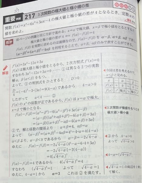 差を考える時に、微分した式の２つの実数解α、βをα<βと定めるのはなぜですか？