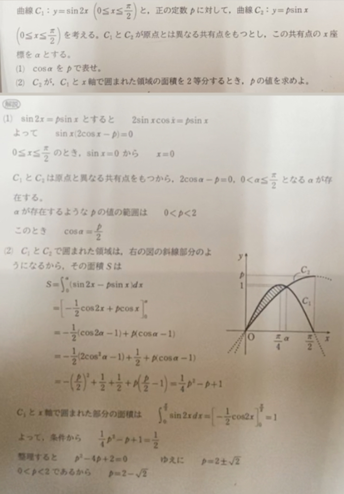 数学IIIの質問です この問題の(1)で、なぜαの範囲が0<α≦π/2で、pの範囲が0<p<2なのか教えてください