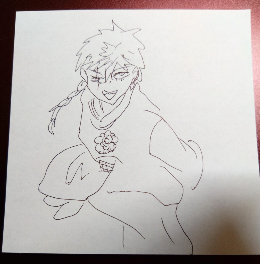 pixivで見かけたキャラの名前、アニメ名？が分かりません。 その絵師さんの絵を載せる訳にはいかないので、自分で見ながら描いたのですが(くそ下手ですみません…) 男性キャラ、バラの絵がついたチャイナ服(？)、目に傷がある、片方三つ編み 分かれば教えて下さい！