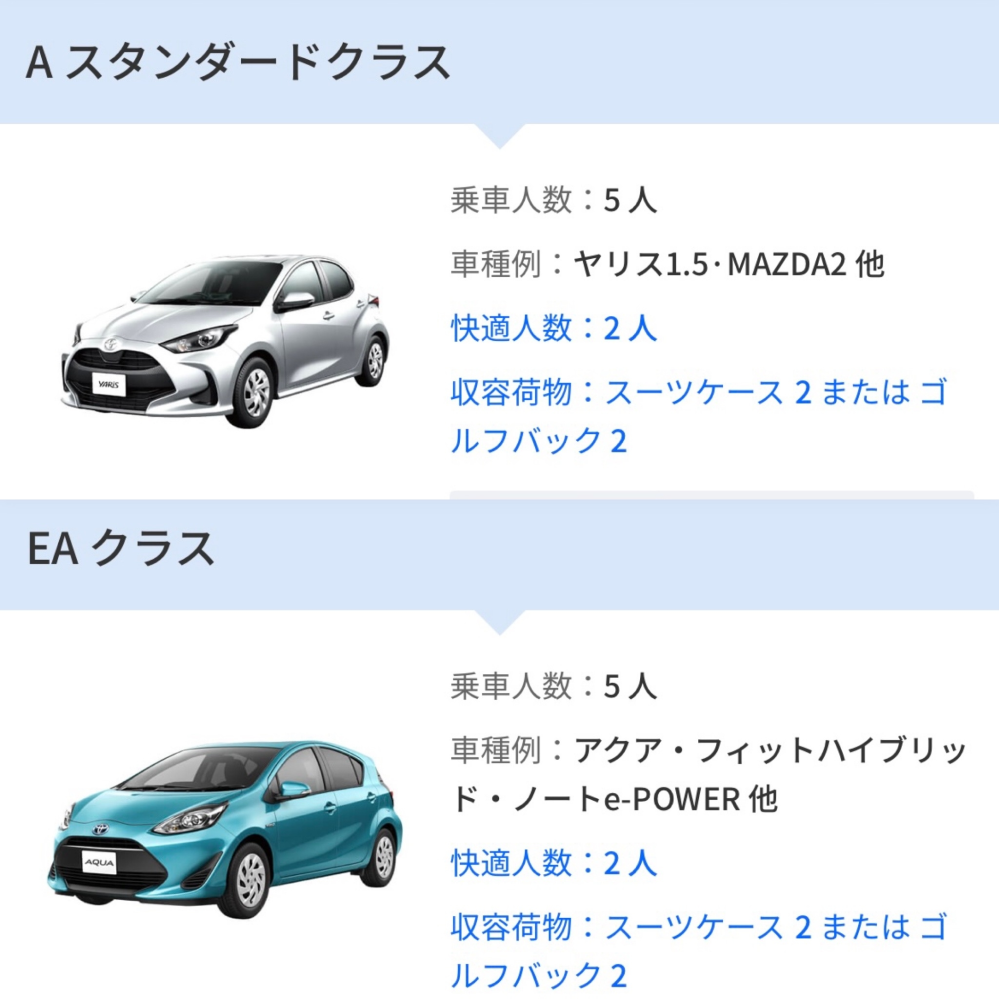 オリックスレンタカーで車を借りたいのですが、AスタンダードクラスかEAクラスかで迷っています。 人数は5人で、1泊2日(総移動距離200km弱)です。できればハイブリッド車で、狭いのは承知ですがきつすぎない車がいいなと思っています… そこで質問ですが、 ①Aスタンダードクラスのヤリス1.5、MAZDA2はハイブリッド車ですか？ ②EAクラスのアクア、ノートe-powerはコンパクトカー(だと認識しています)ですが、ヤリス1.5やMAZDA2はEAクラスの車よりも全幅や全長はだいぶ大きいですか？ ③どちらのクラスが良いと思いますか？ 大雑把な質問で申し訳ありません。 車に詳しくないので教えていただきたいです。 よろしくお願いします。