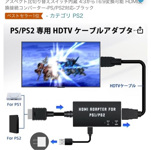 PS2専用 HDMI変換アダプターのケーブルについて 以下の画像を購入したいのですが テレヒに繋ぐHDMIケーブルについて教えて下さい。 アダプター形状詳細にはケーブルの形状が‎ HDMI, USBになっています。 この場合。HDMIケーブルで 〇コネクタタイプ HDMI 〇ケーブルタイプ HDMI のものは片方が合わないって解釈で受け止めているのですが 合いますか？ 以下変換アダプターに合うHDMIケーブルは どう検索したら出てきますか？