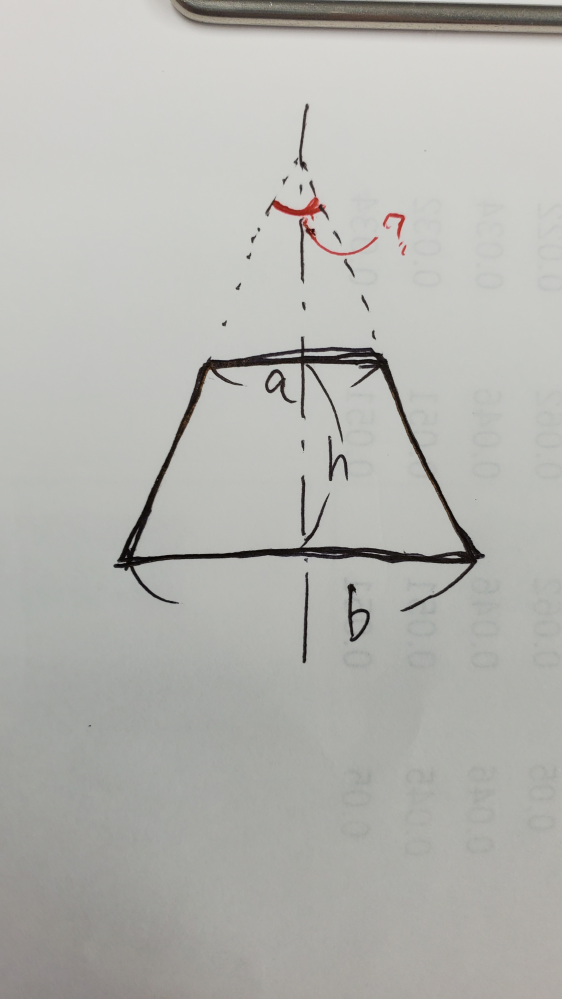 等脚台形についての計算です。 画像のa,b,hの値が分かっている時、 ?の角度は求められるのでしょうか。 ?部が調べたい箇所なのですが 当方数学が苦手で困っており, ご教示いただければ大変助かります。