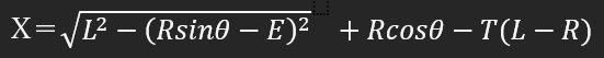 オフセットクランクのシリンダの変位Xを下の画像の式で出しました。 ※L，R，E，Tは定数です。 この式を 「θ＝～」と、角度θをXの式で表したいです。 考えてはみたのですが分からなかったので、 すみませんが分かる方教えていただきたいです。 宜しくお願い致します。