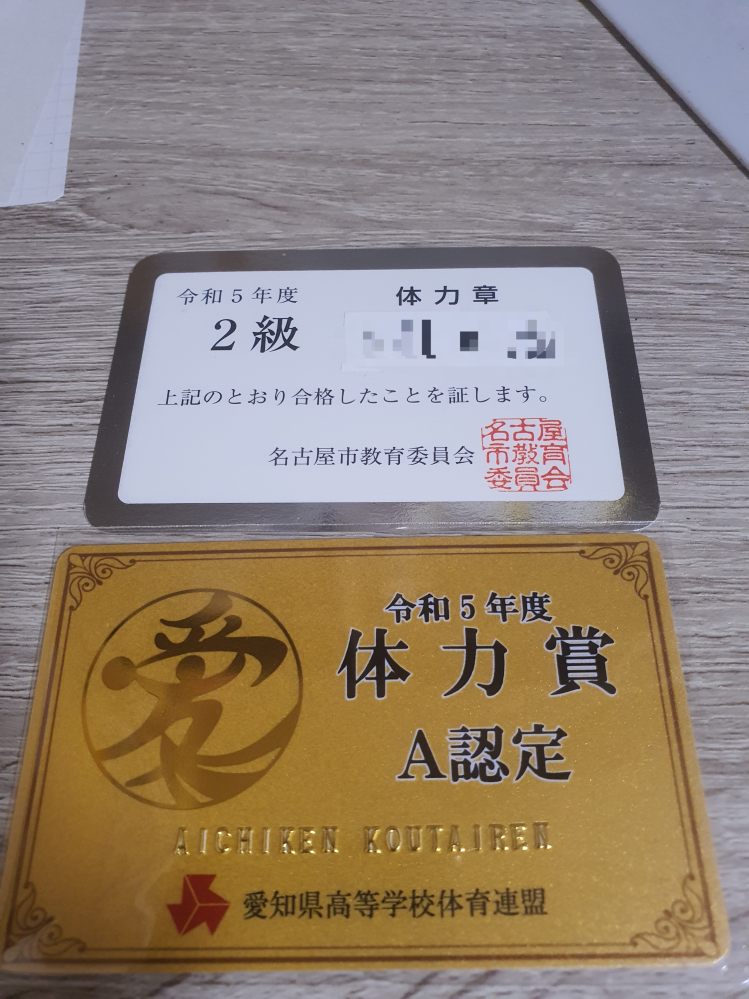 愛知県名古屋市の体力賞について。先日学校で下のカード2枚を渡され 