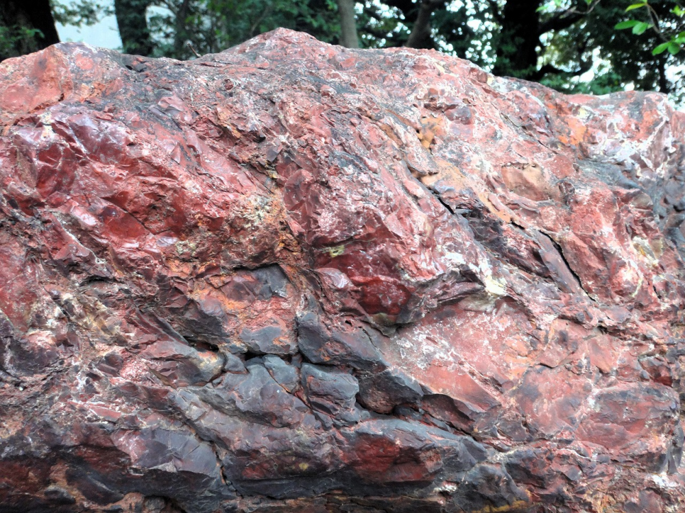 東京都北区の旧古河庭園の入り口から入ってすぐ右側に置いてある大きな赤い石。佐渡の赤玉の様に見えるあの石ですが、岩石の名称や産地などに就いてご存じでしょうか？