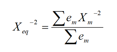 数式の解き方についての質問です。 画像の数式は等価震源距離（Xeq）を求める式で、Xmは観測点から断層面の各微小領域mへの距離、emは断層面上の各微小領域mからの地震波エネルギーの相対放出分布を示している、とのことなのですが、どなたかこの式の計算手順を教えてください。よろしくお願いいたします。 参考url http://library.jsce.or.jp/jsce/open/00578/2009/1-0015.pdf