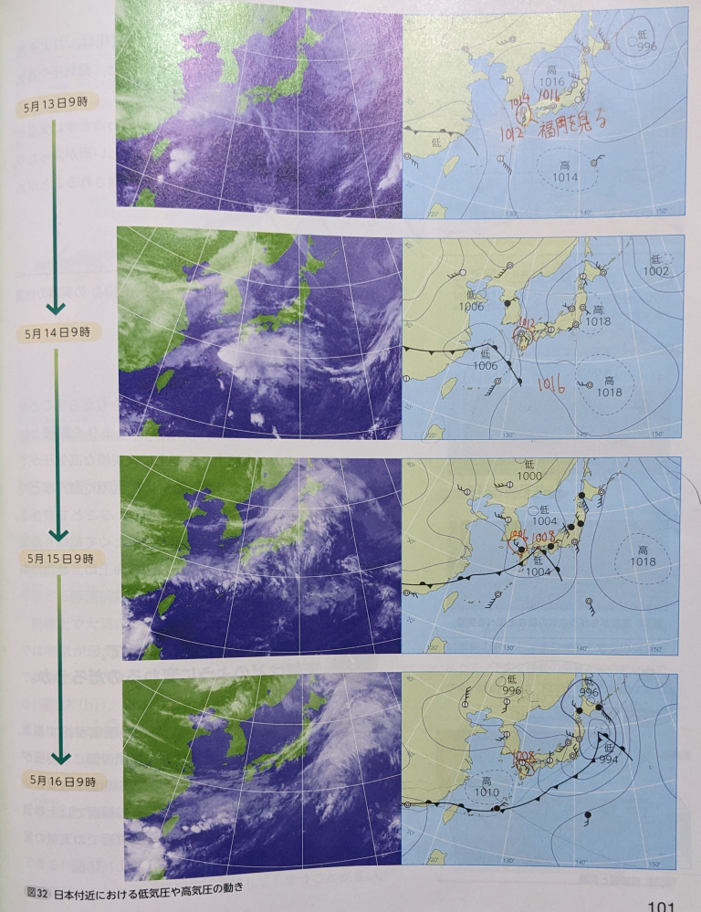 理科の教科書の問題です。 1つ目が5月14日に東経125℃、北緯30℃付近にある低気圧の中心の24時間ごとの位置を求めなさいという問題です。 2つ目が5月13日に東経140℃、北緯25℃付近にある高気圧の中心の24時間ごとの位置を求めなさいという問題です。 3つ目が低気圧や高気圧は1日におよそ何キロ動いたかという問題です。 どんだけ調べても分からなかったので詳しく解説お願いします。