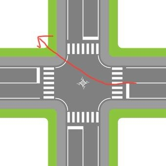 道路交通法に詳し方に質問です。 図のような交差点で右折する際に、右角のエリアに進入するのは道路交通法違反になりますか？ よろしくお願いします。