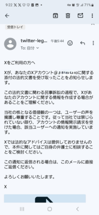 X(旧Twitter)の開示請求について質問です。

本日、
Xでの法的書面の受領について
というタイトルでメールが届きました。 私自身は公式アカウントにリプを飛ばすような利用方法しかしていなくて、誹謗中傷したような心当たりがありません。
これは開示請求が認められたということでしょうか？？