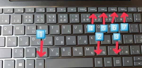 この1️⃣〜2️⃣の番号のキーボードはどんな機能がありますか？ パソコンの機種は、Surface Laptop Go 3 です