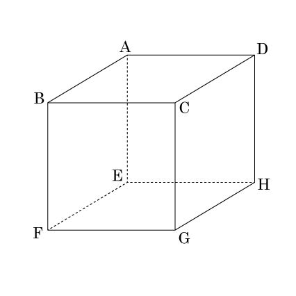 共通部分、回転体 画像は一辺1の立方体として CFの中点をPとしてPBの延長上にQを取る 2PB=PQ CQFの三角形ができる それをCFを軸に回転させたとき、画像右のCGHDの面を三角形が重なるとき、どういうふうになりますか？ イメージ的に三角形の軌跡がCGHDに穴をあける感じです。 その穴はどんな形か教えてください。