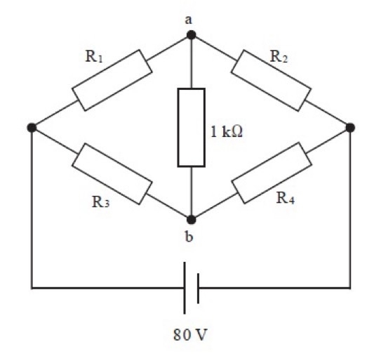 この問題の解き方が分かりません。 考え方を教えて頂きたいです。 図の回路において抵抗器R1両端の電位差が45V、抵抗器R4両端の電位差が30Vであった。図の1kΩの抵抗器に 流れる電流で正しいのはどれか。 1. 流れない。 2. a点からb点の向きに5mA流れる。 3. a点からb点の向きに15mA流れる。 4. b点からa点の向きに5mA流れる。 5. b点からa点の向きに15mA流れる。