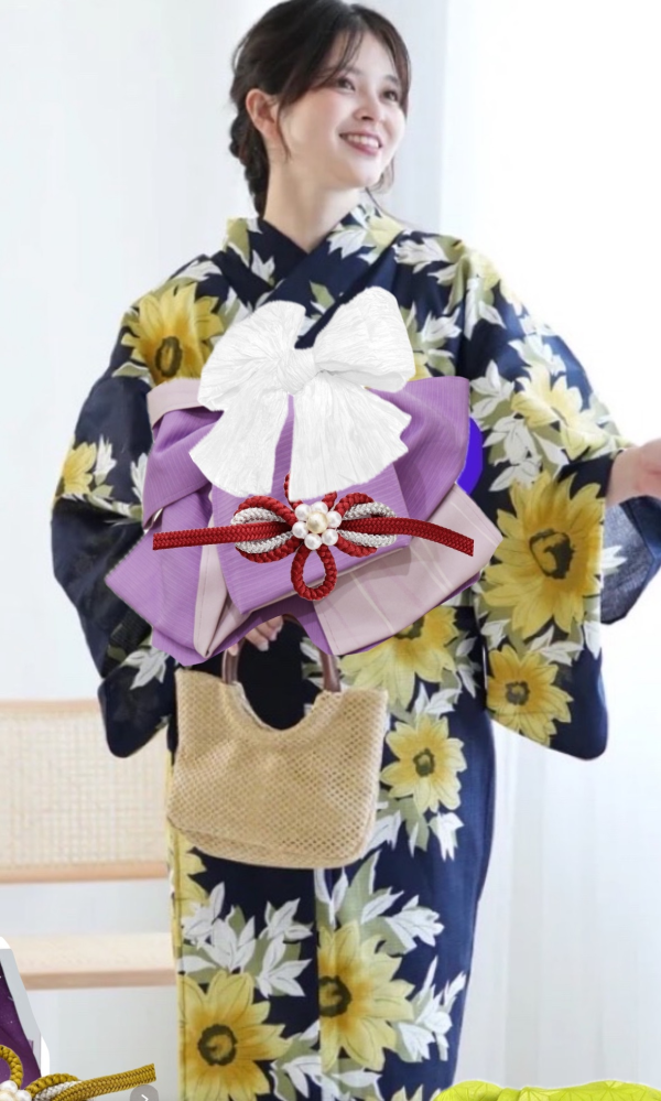 この紺に向日葵の浴衣、薄めの紫の帯の組み合わせに合う巾着の色は何色