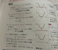 このような2次不等式の問題においてグラフがX軸に接したり接しなかったりする理由が分かりません。教えて下さい。 