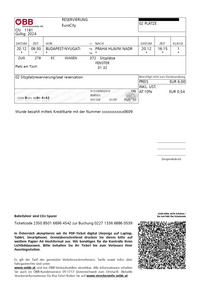 OBBユーロシティをOBB公式サイトで予約しました。

乗車券を予約した後に1等車の指定席券も予約したのですが、指定席券の券面のどこに号車や座席番号の記載があるのでしょうか？ チケットの画像を添付します。
ブダペスト→プラハの片道です。