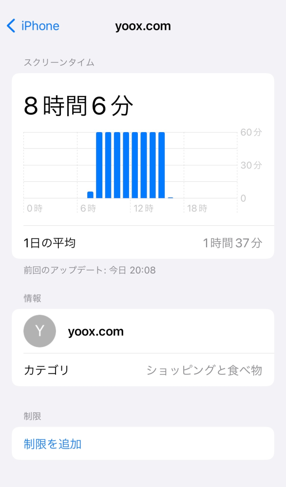 iPhoneスクリーンタイムについて スクリーンタイムを見たら身に覚えの無い記録が残っています。yoox.comというサイトみたいです。 そのサイトを開いた覚えもありません。何かのバグなのでしょうか？