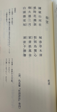 教科書に載っていた杜甫の「春望」です。
城春の左下に二点がありますが、一点はどこですか？ 