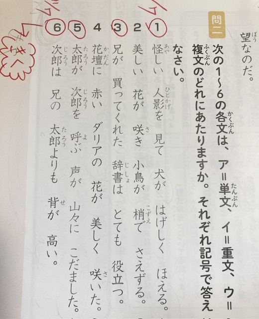 小学四年生国語の問題がわかりません。 単文、重文、複文 どれにあたりますか？ という問題です。 問ニの６の問題です。 答えは、ウ の複文とありますが、 なぜ複文なのかわかりません。 主語、動詞が2組以上で 対等、並列ではない場合が複文なのですが、 主語 太郎は 述語 高い 主語 背が 述語 高い これでは2組ではないのでアの単文と思いましたが答えはウの複文とのこと。 どなたか教えて下さい（ ; ; ）