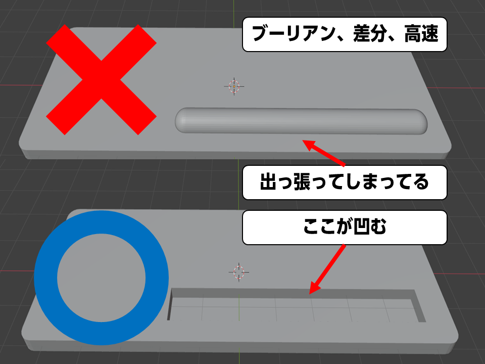 ！至急！blenderのブーリアンが失敗します！ 以下のように直方体をベベルで丸くしたこん棒みたいなのをベベルで角を丸くした板から引こうとしたらくっついちゃいました！ 高速の場合くっつきますが、正確にするとそもそも板が消えてしまいます！ しっかり板のほうを選択してブーリアンをしています！ こん棒 - 板 = こん棒 + 板になってる感じです！凹ませるにはどうしたらいいですか？