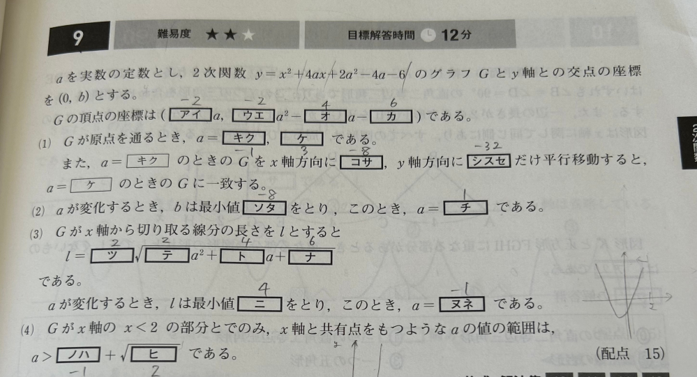 数ⅠAの問題です。 (4)が分かりません 軸=-2a<2 D>=0 x=2のときのyの値>0 を使って途中式を書くよう言われました