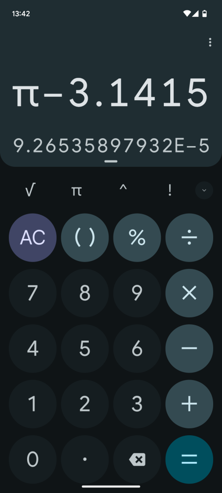 Googlepixel6aの電卓でπ-3.1415の計算をすると9.26...という答えになるのですがバグですかね？